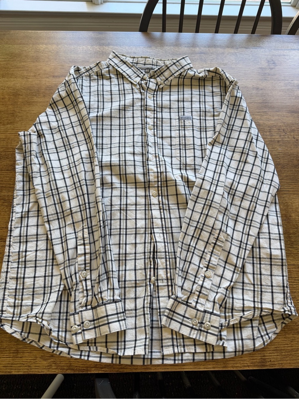 Columbia Men's Cream and Black Plaid Button-Down Shirt